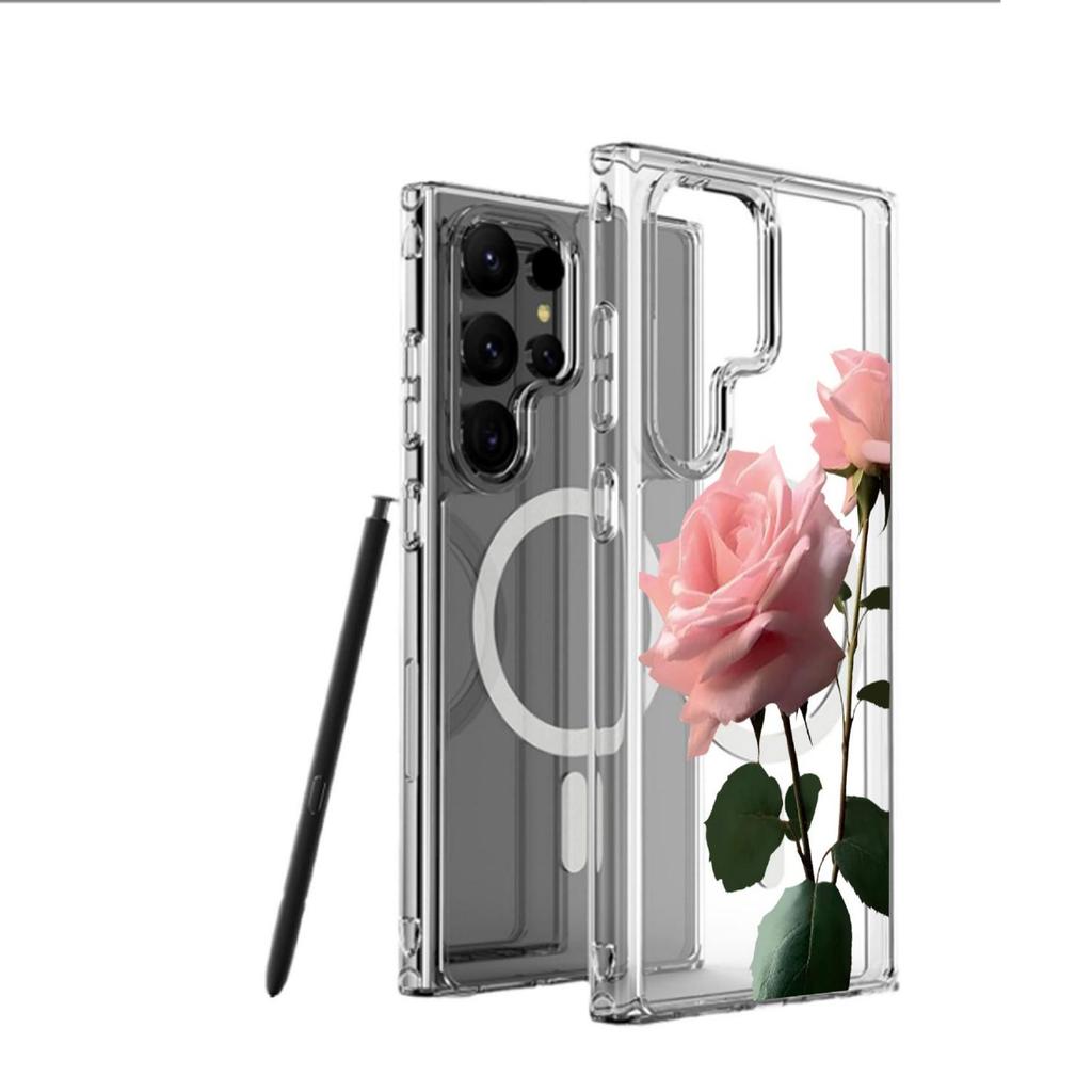 Pink Rose Magnetic Clear Case for iPhone 15/16/17 Pro Max - Full Protection