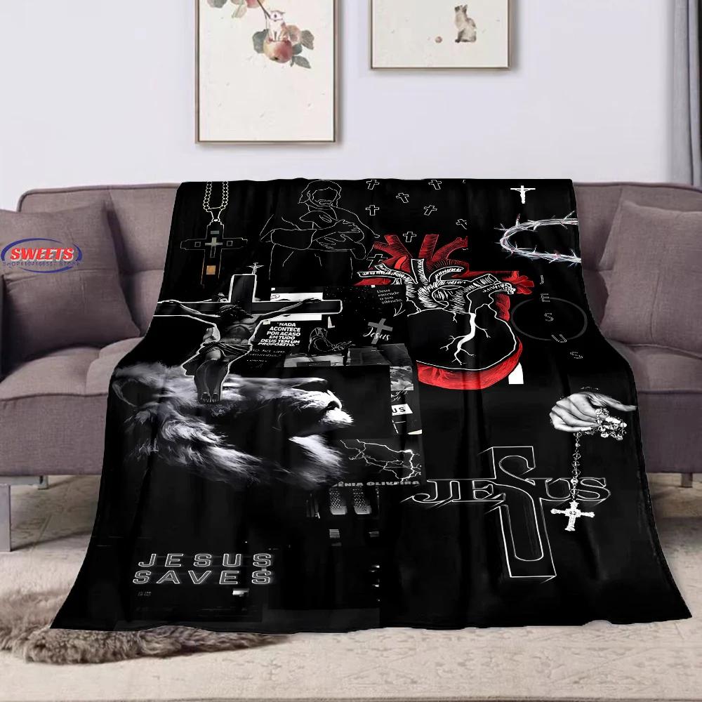 1PC Warm and Cozy Flannel Blanket, Cross Jesus Blanket, Sofa Bedroom Office Leisure Nap Cover Blanket, Machine Washable Blanket