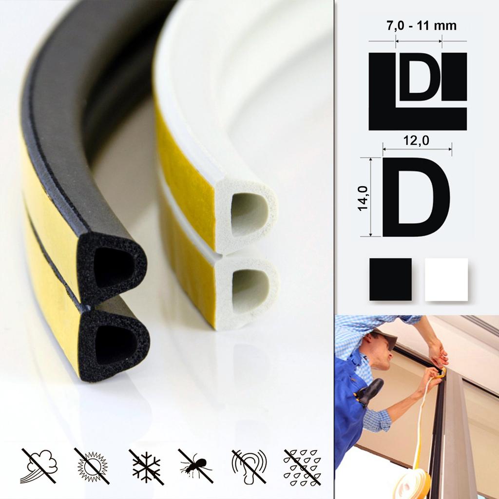 100m GUMMIDICHTUNG D-Profil WEIß 14mm selbstklebend Fensterdichtung Türdichtung Gummi Dichtung Dichtungsband Profildichtung