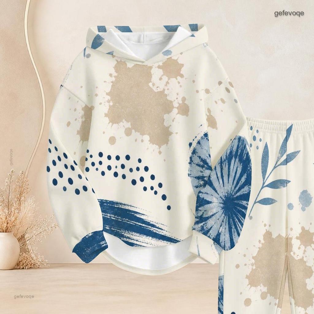 Women Plus Size Blue White Printed Two Piece Set Long Sleeve Hooded Top Cuffed Pants