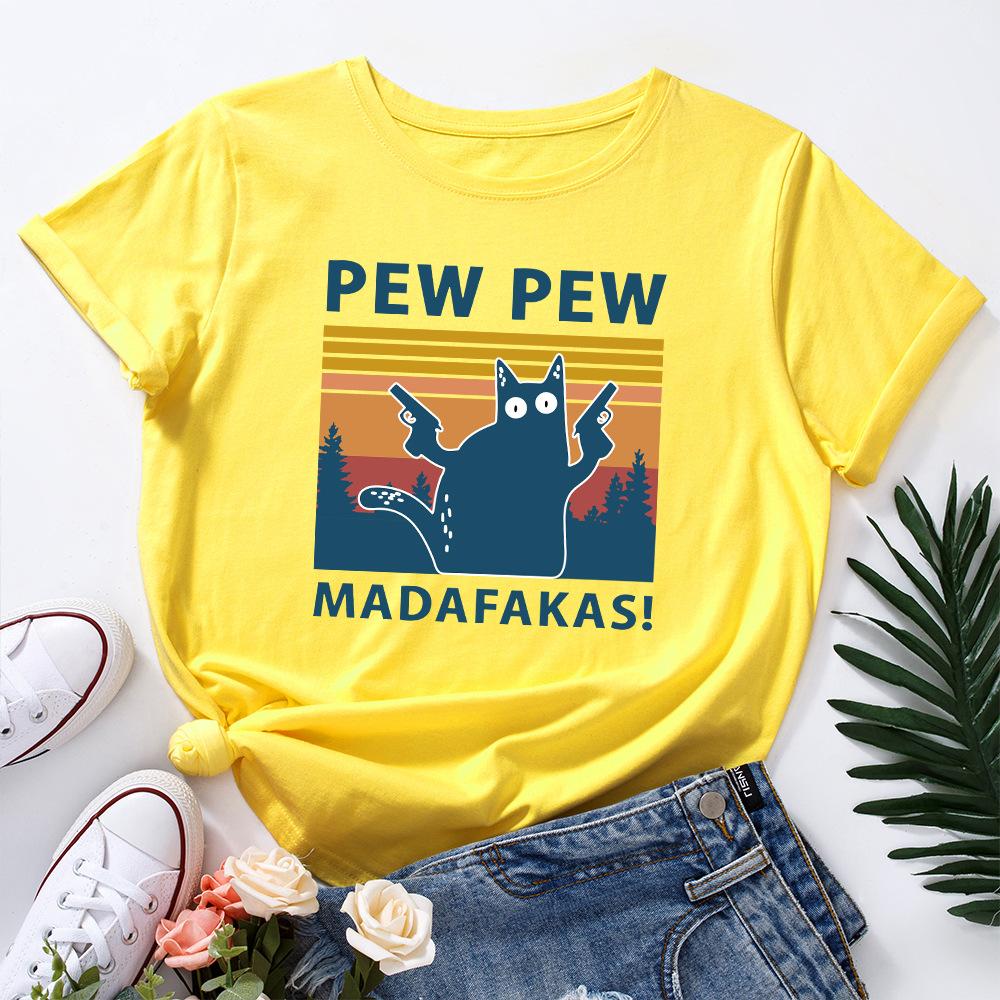 PEW Letters Cotton T-Shirt Short Sleeve Round Neck Women 2d Print Tops
