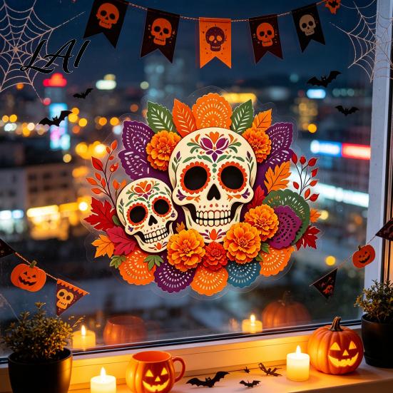 Halloween Party Decor Day of The Dead Window Static Sticker Flower Skull Decorative PVC Waterproof Vinyl Graphics Decals Glass Clings for