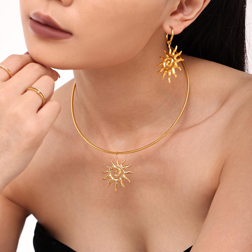 18k Gold-Plated Titanium Spiral Sun Pendant Necklace & Earrings Set