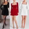 2024 Spring Women's Elegant Velvet Dress with Diamond-Studded Square Neck