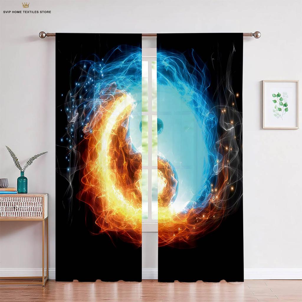 Creative Printed Curtains for Bedroom, 2-Piece Set of Water, Fire, Tai Chi and Two-Pole, Living Room and Kitchen Decorations