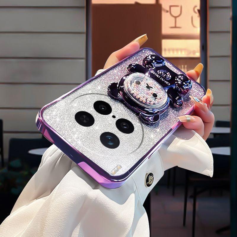 For Vivo X300 Ultra X300 FE Case with Gradient 3D Bear Folding Stand Bracket Luxury Slim Plating Glitter Girls for Vivo X300 Pro Back Cover