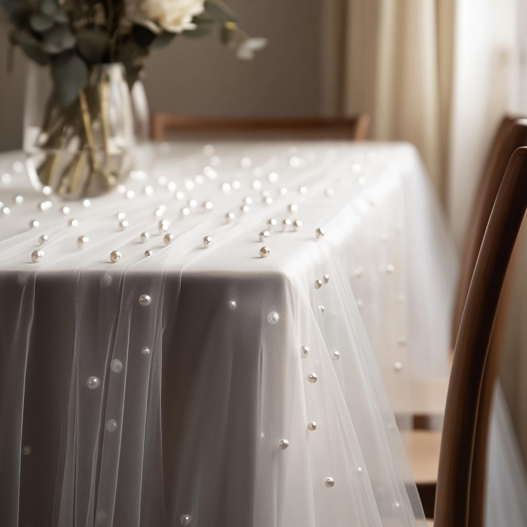 Pearl Tulle Table Runner, Wedding Arch Sheer Drapes for Baby Shower Birthday Party Backdrop Wedding Headscarf, DIY Design Decor