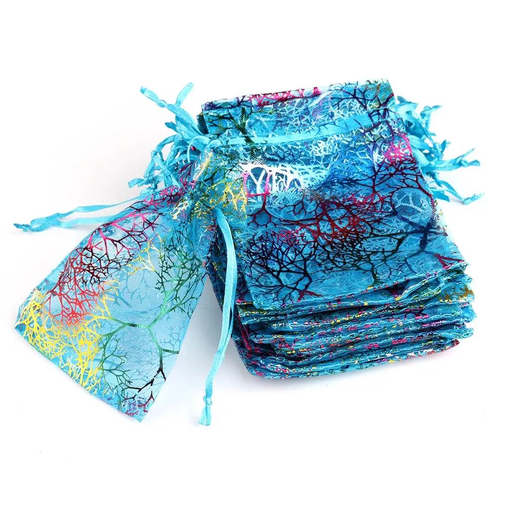 100pcs Organza Gift Bag Jewelry Packaging Drawstring Bag Multi-size Colorful Trees Printing Wedding Candy Bag Party Supplies