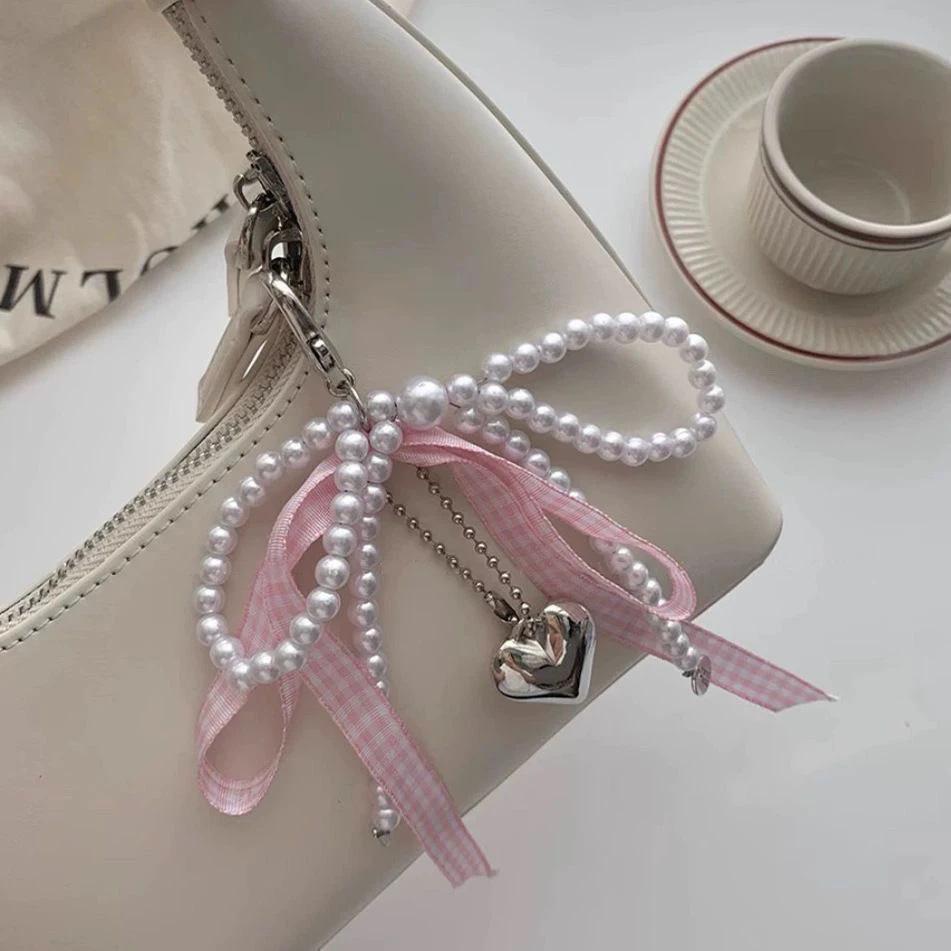 Y2K Sweet Lattice Ribbon Bowknot Pearls Bag Pendant Keychain Charm Heart Beaded Keyring Elegant Key Chain Phone Key Bag Hangings