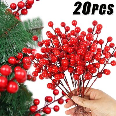 20/1 Stück Künstliche Rote Beerenäste Weihnachtsbaum Stechpalmenbeeren DIY Weihnachtsbaumkranz Tischdekorationen für Neujahrsparty Dekoration