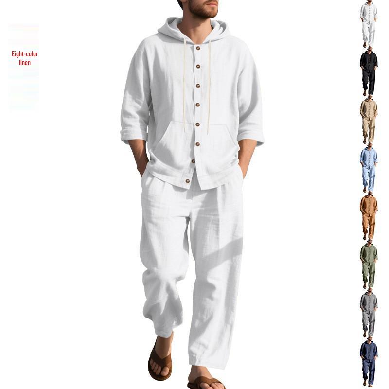 Men's Linen Long Sleeve Hooded Shirt and Pants Casual Beach Set