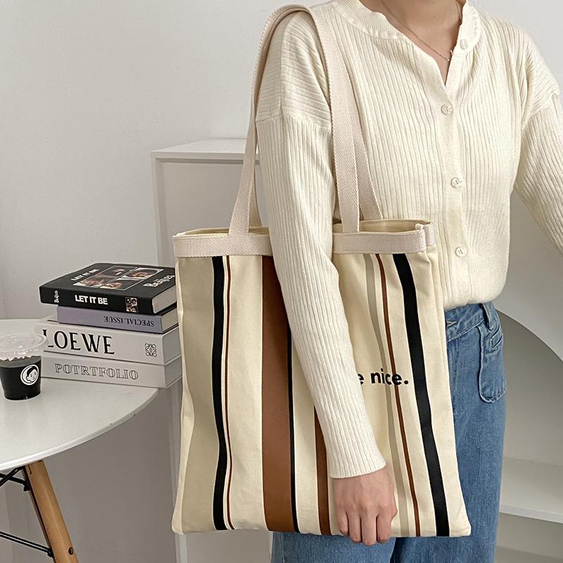 

Women Canvas Shoulder Bag Colorful Stripe Letters Double Print Eco Cloth Purse Students Books Bag Cotton Handbags Tote For Girls