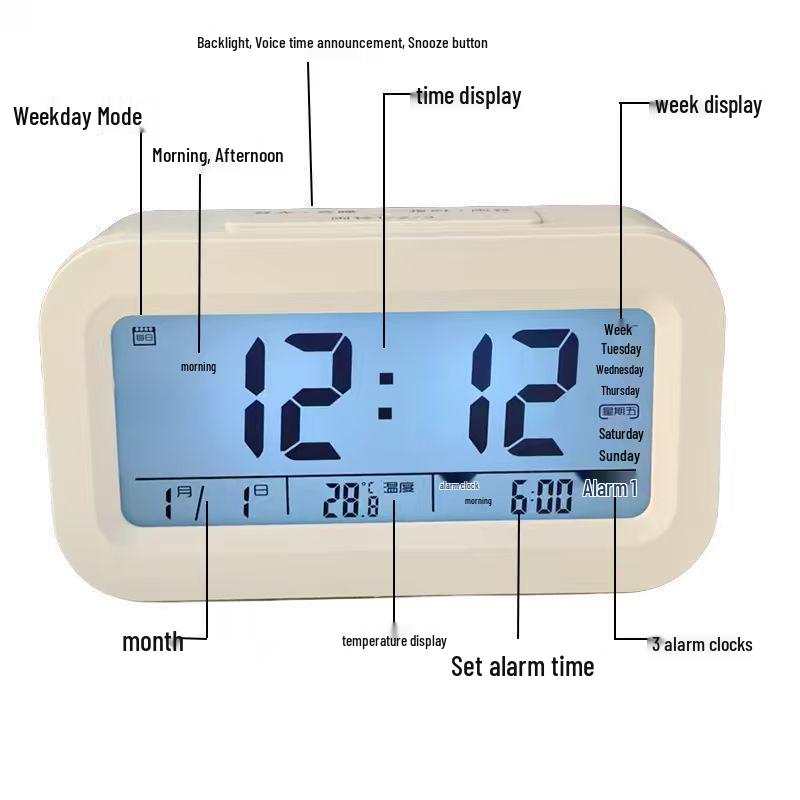 Rechargeable Multi-Function Alarm Clock with Voice Time Reporting for Students, Boys & Girls