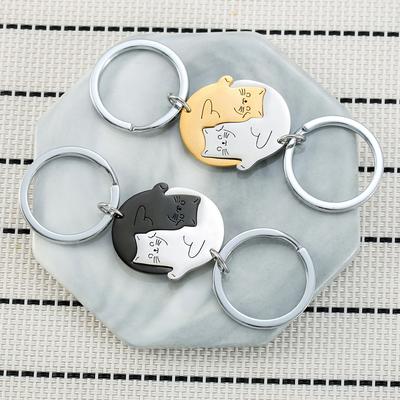 Gold Silver Black White Splicing Cat Stainless Steel Keychain Cute Cartoon Design Fashion Couple Pendant Practical Backpack Decoration