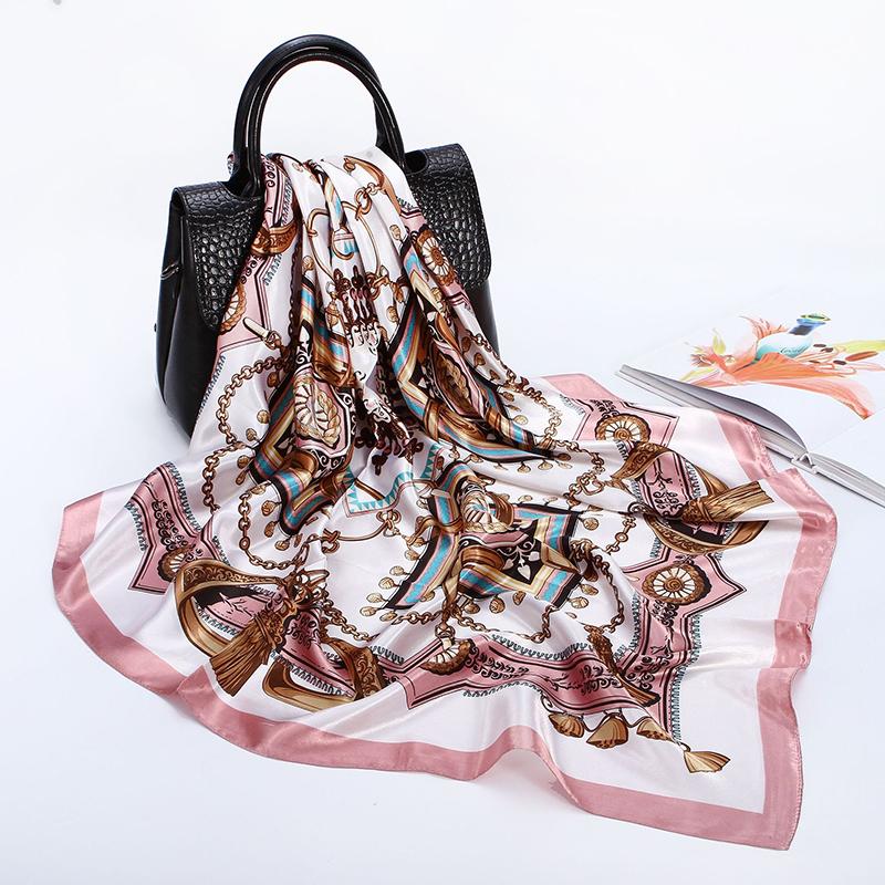 Satin Square Scarf Women Muslim Hijab Elegant 2026 Chains Print Neckerchief Shawl Wraps Headband Handle Hair Accessories Bandana