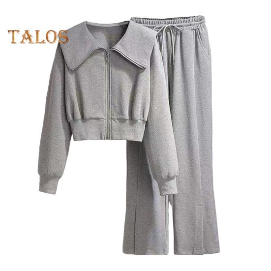 

2 шт./комплект женский пиджак брюки костюм отложной воротник застежка-молния длинный рукав плотная куртка эластичный пояс широкие штанины карманы брюки зимняя спортивная одежда 3XL серый
