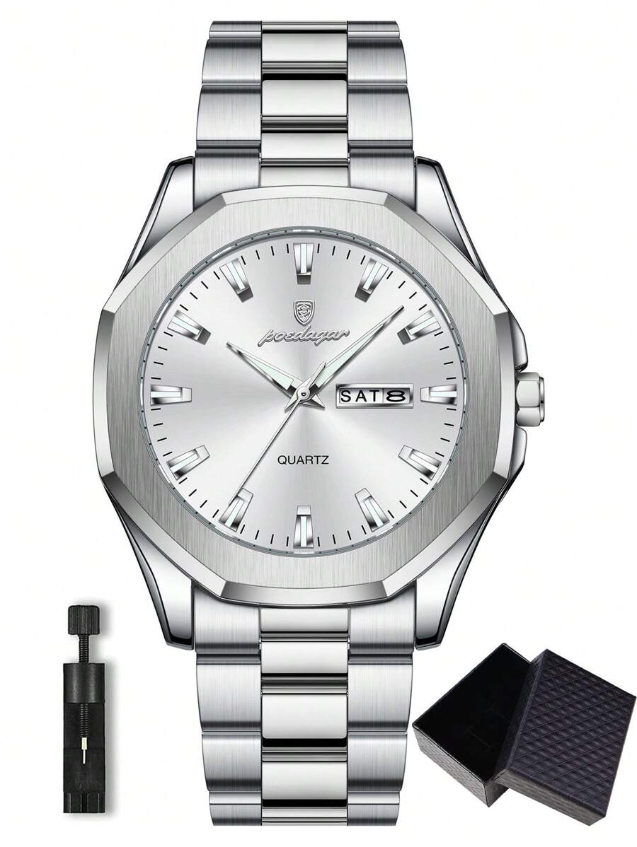 POEDAGAR 1pc Casual Men s Stainless Steel Quartz Wristwatch, Dual Date Display, Business Waterproof Luminous Wristwatch,  Men s Gift серебряный/белый