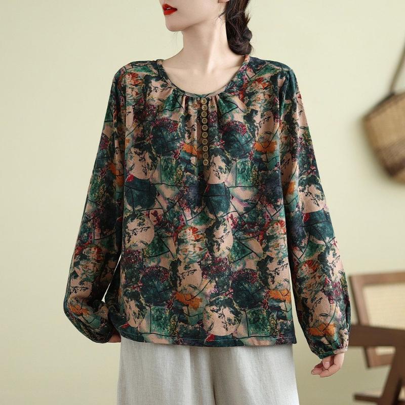 Stile Cinese Vintage Autunno Inverno Donna Scollo a O Bottoni Stampa Semplicità Moda Manica Lunga Larghi Pullover Magliette Top