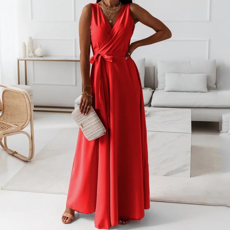 2025 Summer Lace-Up Solid Color V-Neck Evening Long Dress