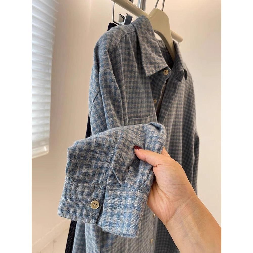 Korean Vintage Polished Blue Plaid Long-sleeved Shirt Women's Spring and Autumn New Loose and Lazy Top