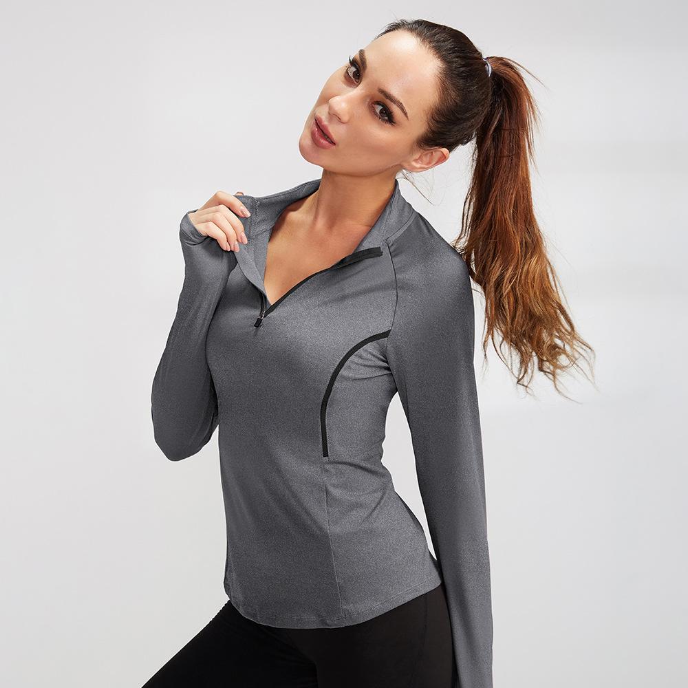 New Women'S T-Shirt Quick Drying Jacket Long Sleeved Yoga Sportswear Fitness Running Slim Fit Top Half Zip Hoodie