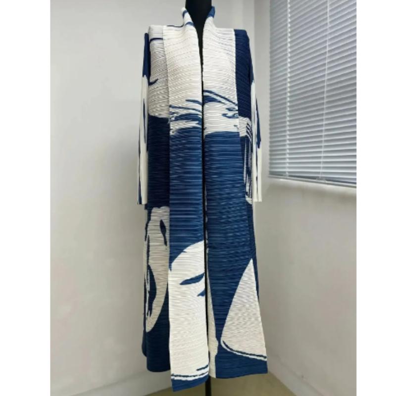Pleated Vintage Printed Turn-down Collar Long Sleeve Mix Women Coat Woman Winter  Dubai Style Plus Size Robe Coat