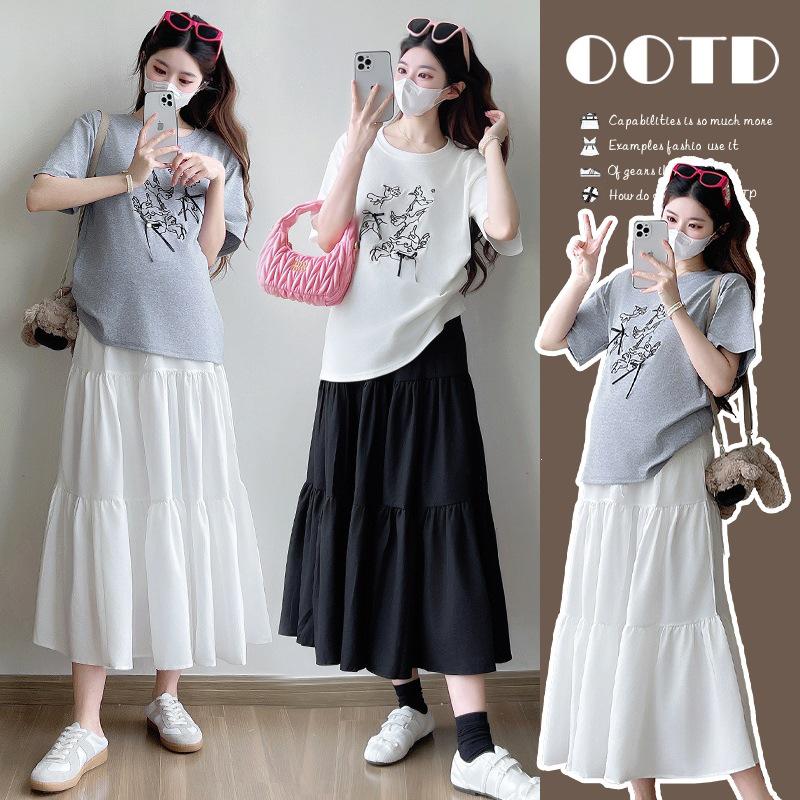 2026 Spring/Summer Maternity Embroidered Short Sleeve Top & Tiered Midi Skirt Set L