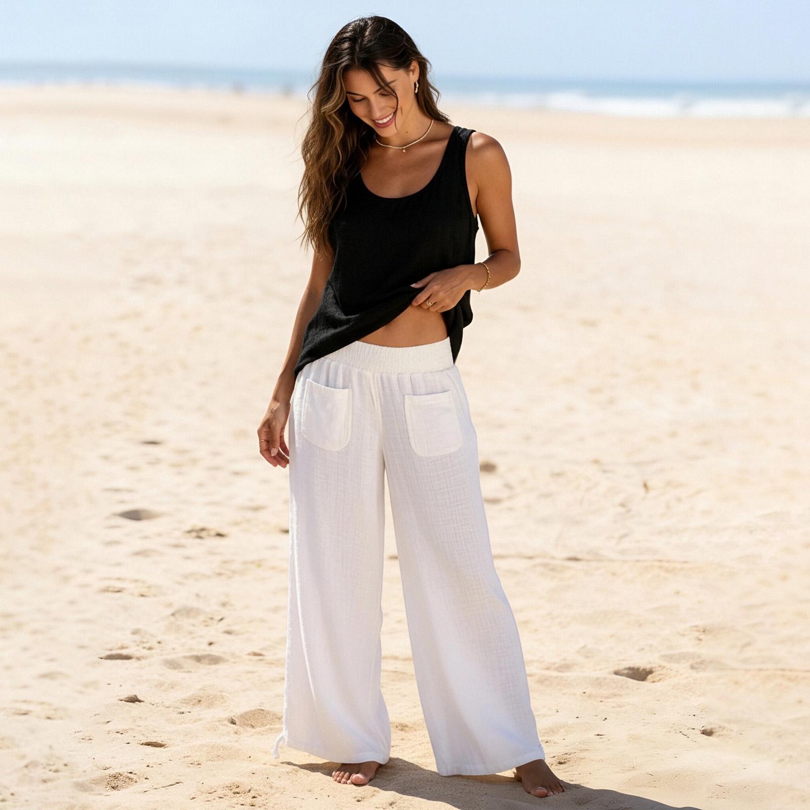 

Women s Cotton And Linen Fashion Casual Pocket Drawstring Trousers S білий