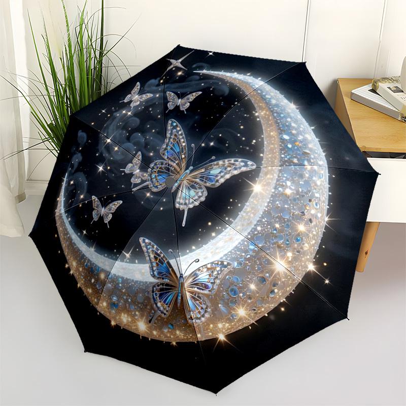 

1pc Moon Butterfly Print Automatic Umbrella Portable Home Essential Umbrella, Iron Umbrella Structure Suitable for All Seasons yy251123192