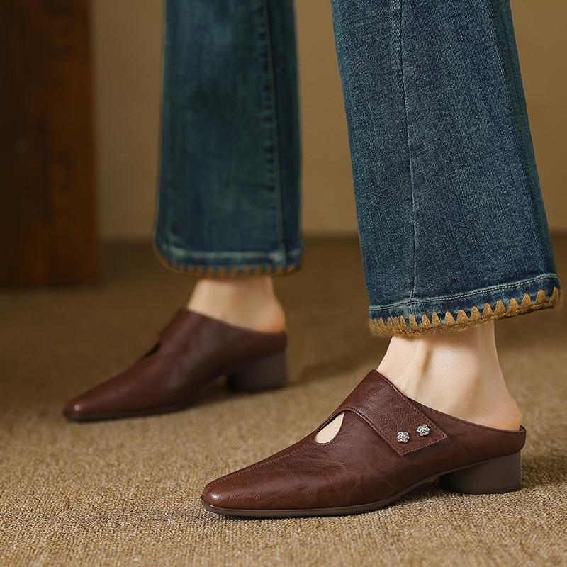 Fashion 2025 Summer Covered Toe Genuine Leather Slippers Women Thick Heels Casual Mules Summer Daily Walk Sheepskin Leather Slippers