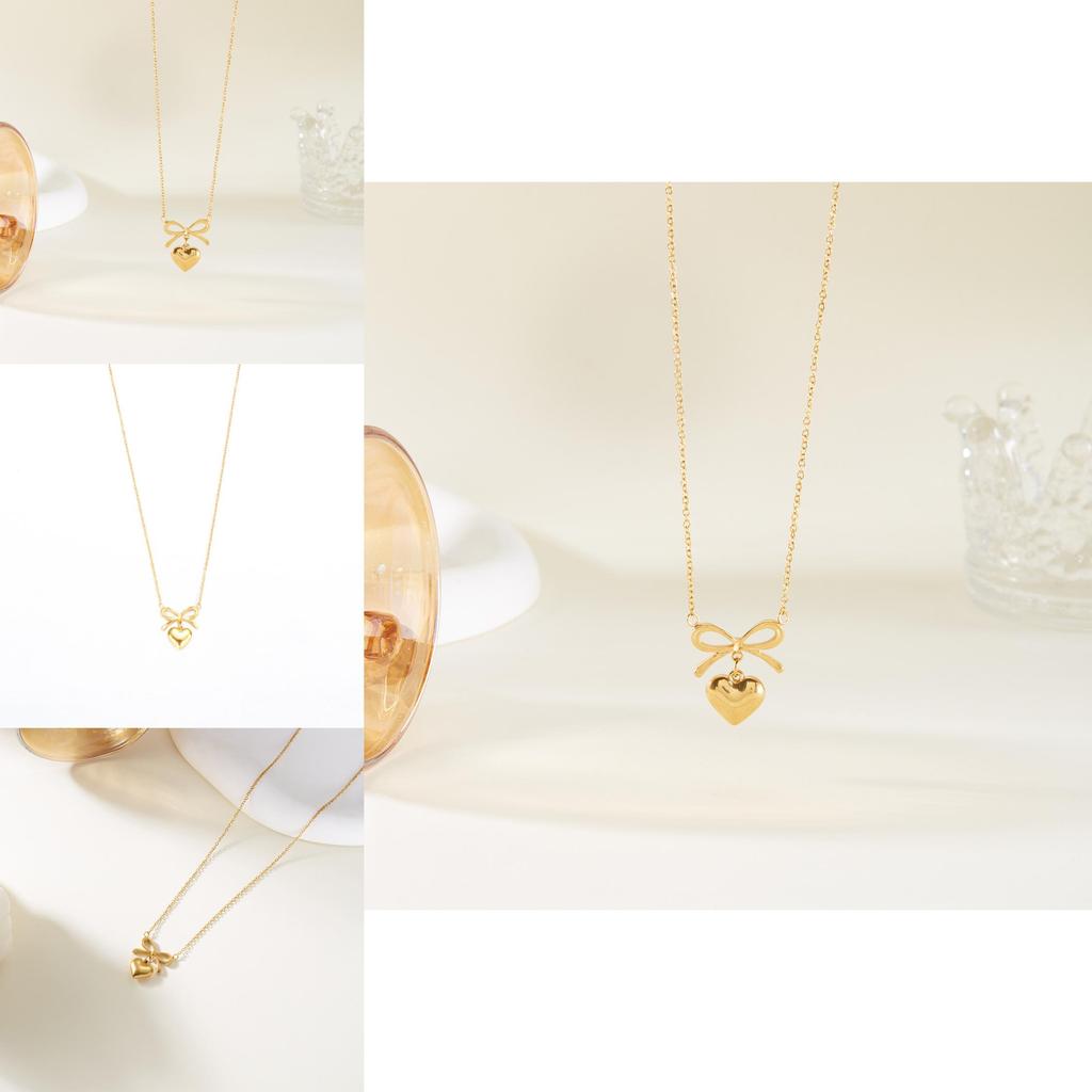 Summer Fashion Heart And Butterfly Bow Necklace In Gold Tone Stainless Steel For Women