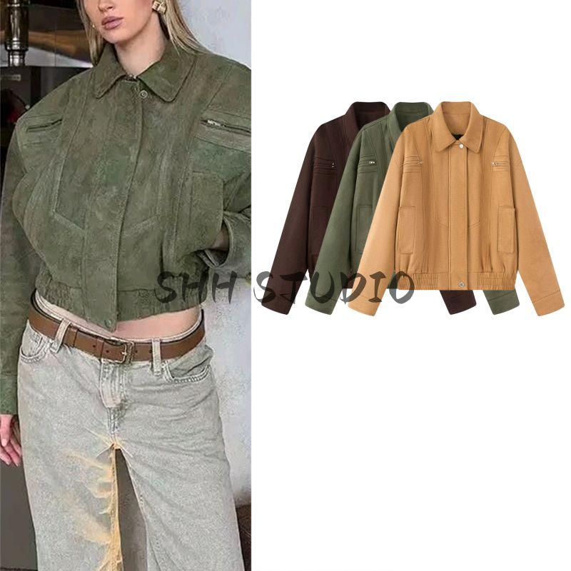 Fall Women's Clothing American Retro Sweet Cool Lapel Long Sleeves Zipper Short Work Clothes Motorcycle Jacket