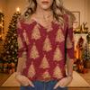 Women's Christmas Print V-Neck 3/4 Sleeve Loose Fit Casual Blouse Shirt Top