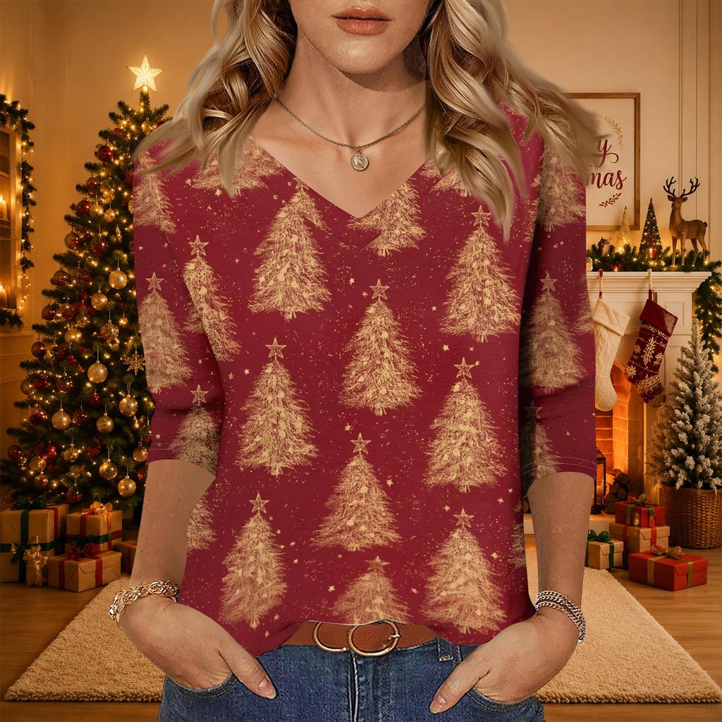 Women's Christmas Print V-Neck 3/4 Sleeve Loose Fit Casual Blouse Shirt Top