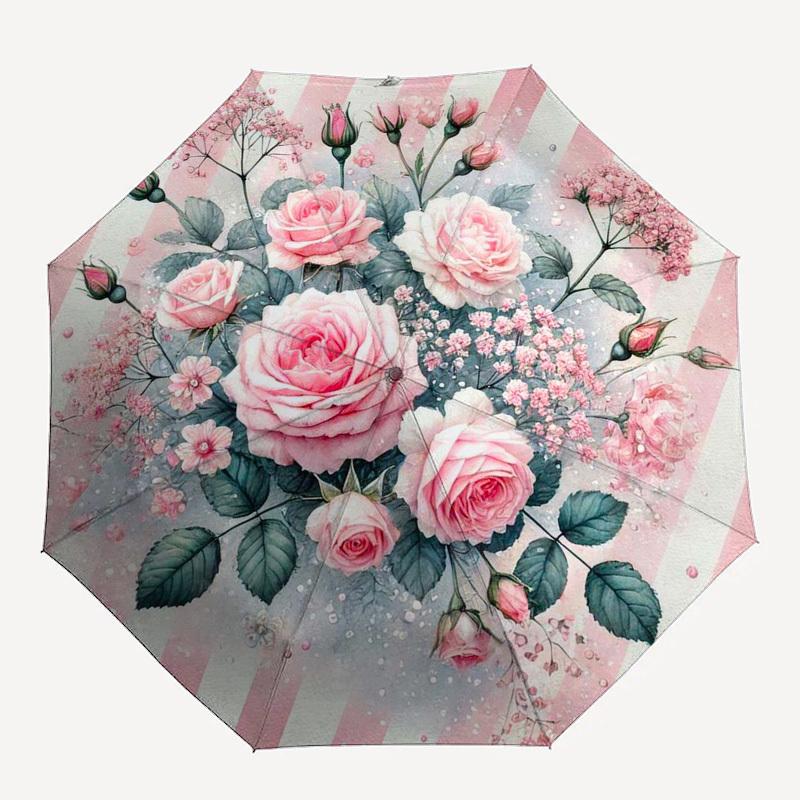 1 Stück Rosa Rosenstrauß mit gestreiftem Hintergrund Schirm mit Kunststoffgriff, Geeignet für alle Jahreszeiten Zuhause Reisen Outdoor Schirmptys31007
