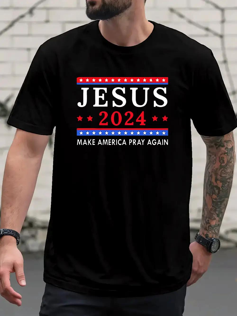 Jesus 2024 Campaign Patriotic Stars & Stripes Graphic Short Sleeve T-shirt - Make America Pray Again Slogan M