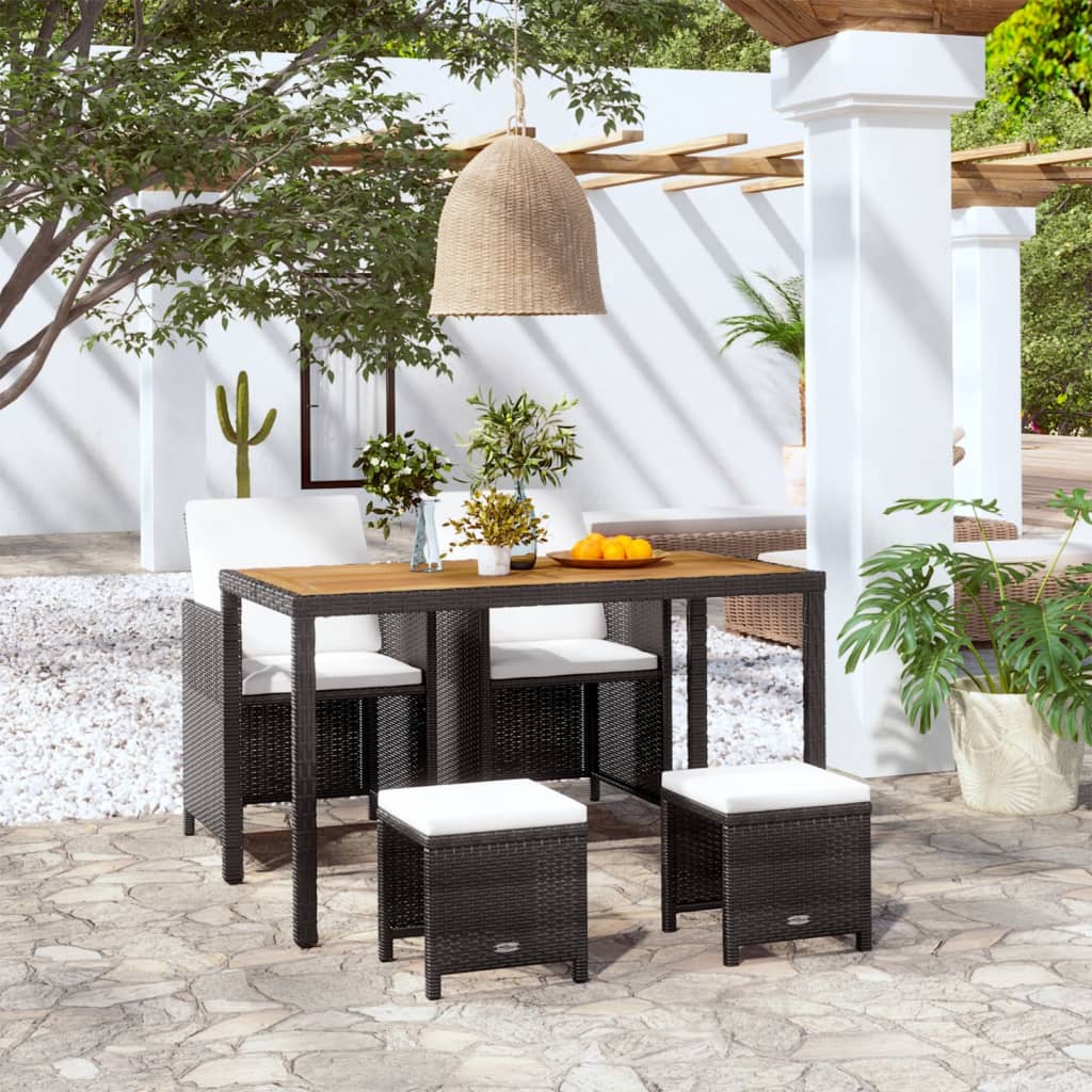 5 Piece Garden Dining Set Poly Rattan & Acacia Wood Black