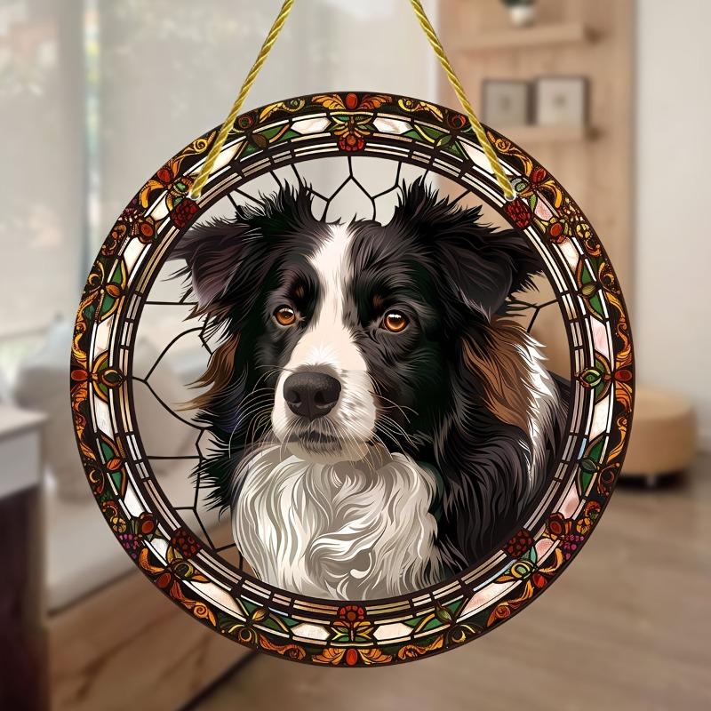 2D Flat Acrylic Border Collie Stained Glass Style Sun Catcher,Round Acrylic Window Hanging Decoration, Animal Theme, Home Decor for Living Room Office