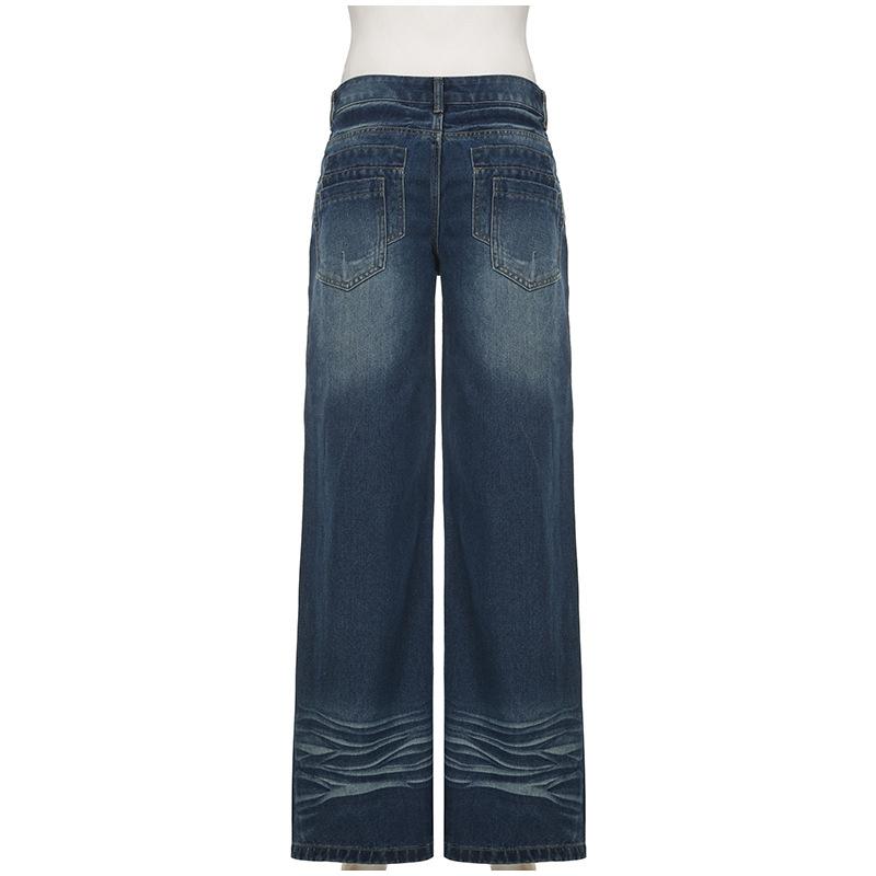 Patchwork Pockets Jeans Korean Fashion Low Rise Casual Straight Denim Pants Distressed Y2k Trousers for Women Basic Solid Color Jean