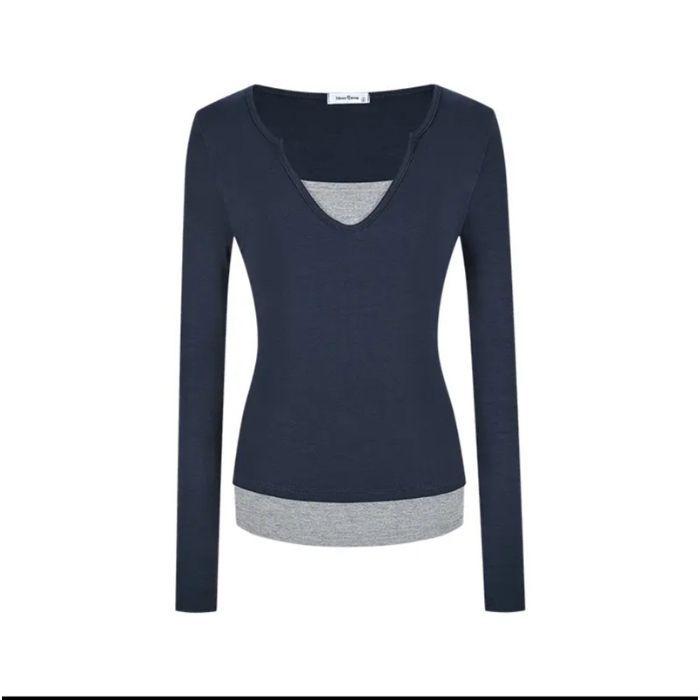 American New Retro Fake Two-piece Long-sleeved T-shirt Women's Spring and Autumn Design Sense Splicing Contrasting Color Slim-fitting
