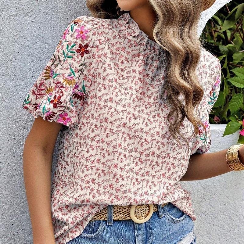 Summer New Embroidered Printed Loose Women's Shirts Short Sleeve Fashion Elegant Blouse Women Tops Stand Collar Slim Fit Shirt Female Clothing 26429