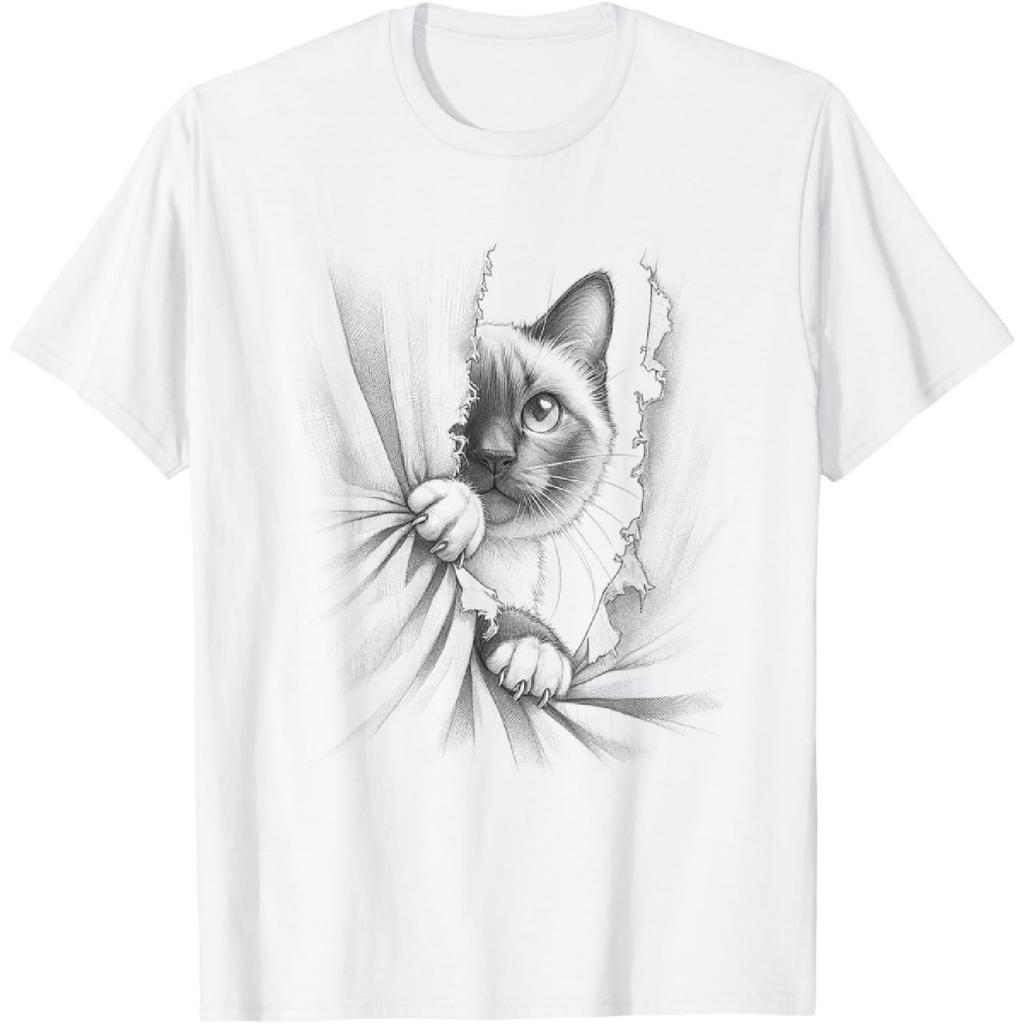 Süßes siamesisches Katze-Hinter-dem-Vorhang-Design T-Shirt