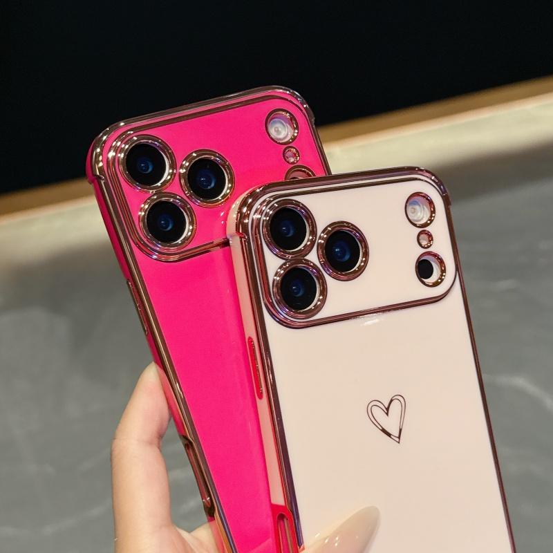 Luxury Plating Love Heart Phone Case For Apple iPhone 17 16 15 14 Plus 13 12 Mini Pro Max Air With Camera Lens Proteciton Cover