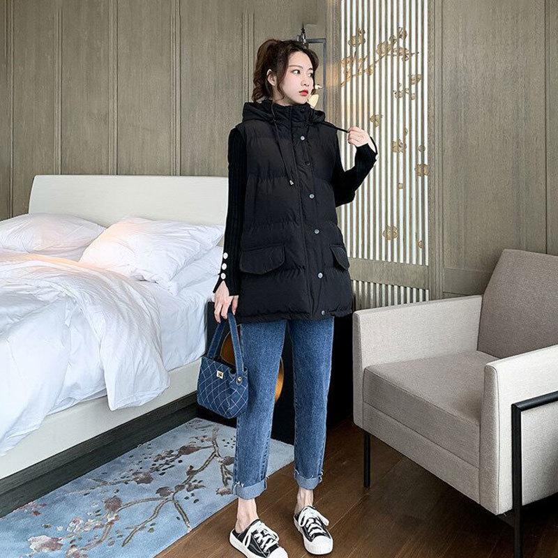 

Жилет женский зимний универсальный пуховик женский толстый модный с шапкой жилет из хлопка XL чёрный