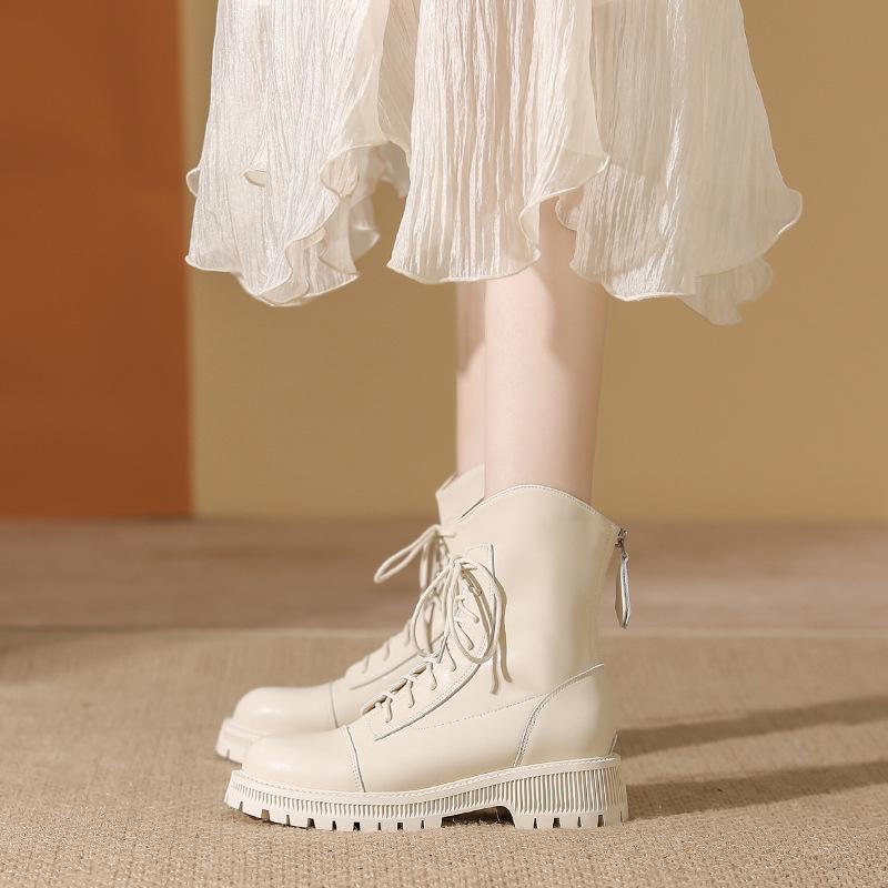 Middle heel autumn and winter new Martin boots women's thick-soled lace-up leather short boots women's beige temperament boots women