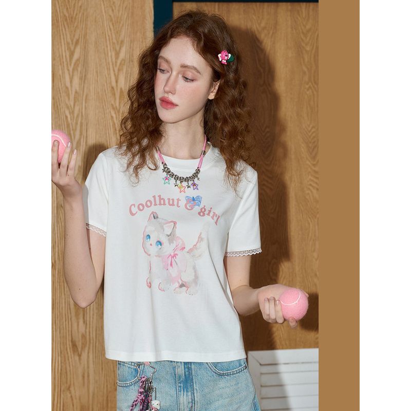 Coolhut Kitten Sweet Print Preppy Style Short-Sleeved Cartoon Sweet 2025 Summer Women's T-Shirt Letter Lace