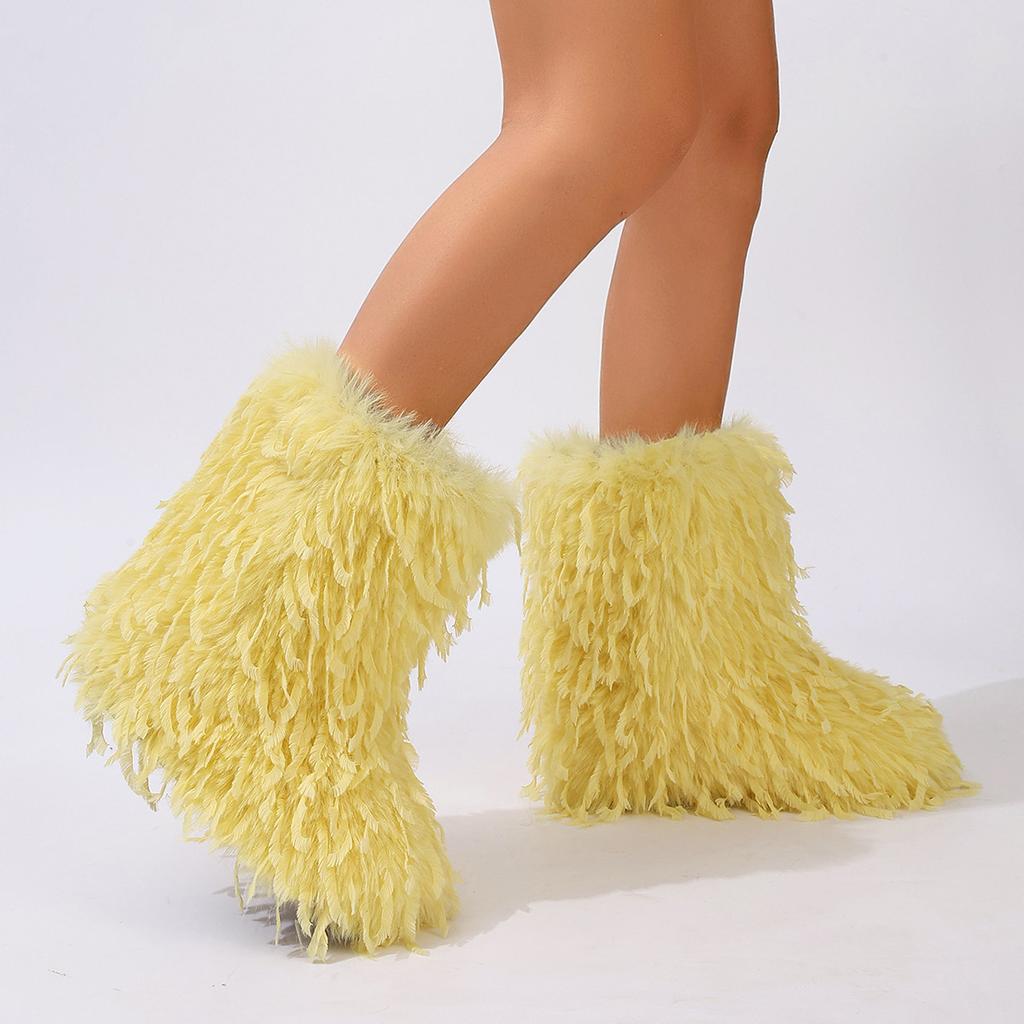 Furry Faux Fur Boots for Women Fuzzy Fluffy Mid Calf Snow Boots Winter Suede Warm Fur Lined Booties Flat Boots Women's Casual Ankle Booties Shoes