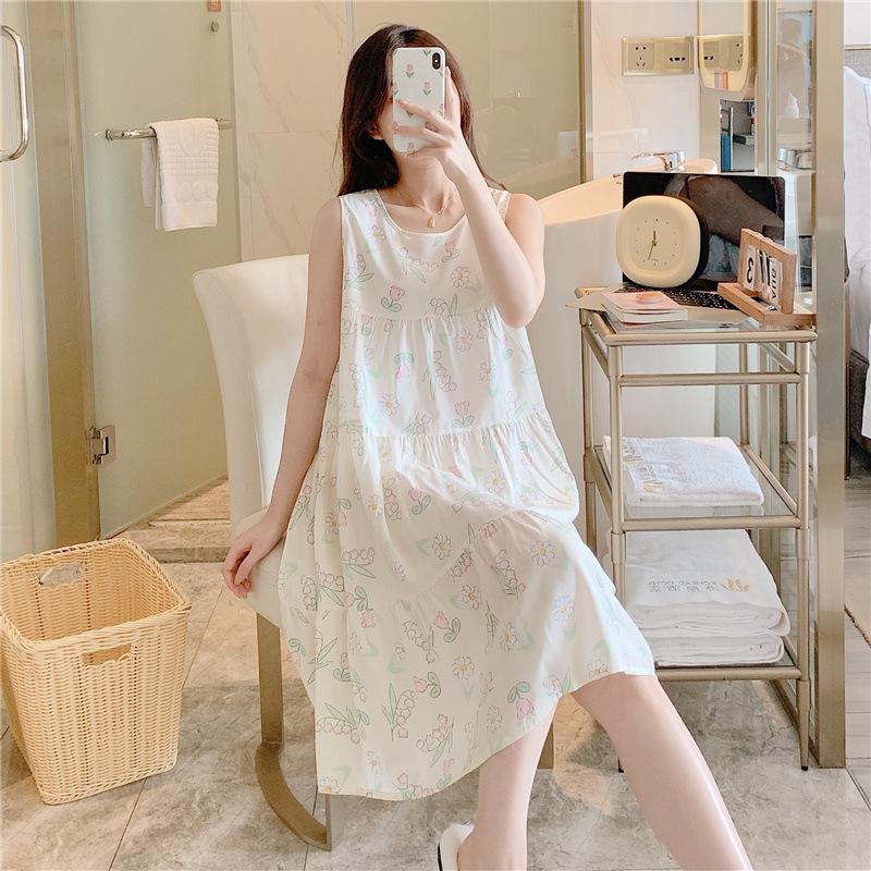 Women's Cotton and Silk Nightgown Summer Thin Internet Celebrity Large Size Printed Pajamas New Sleeveless Loungewear