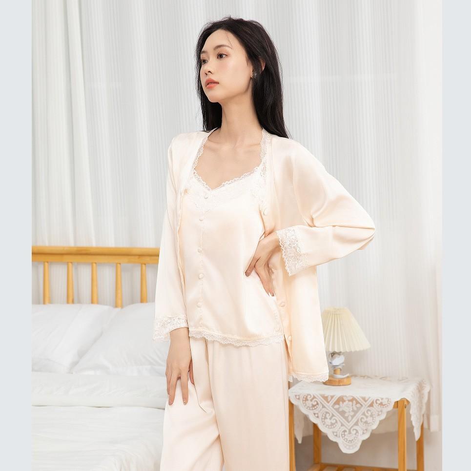 New Spring and Autumn Pajama Set French Pure Desire Wind Ice Silk Sweet Champagne Three-piece Set High-end Home Clothing Worker