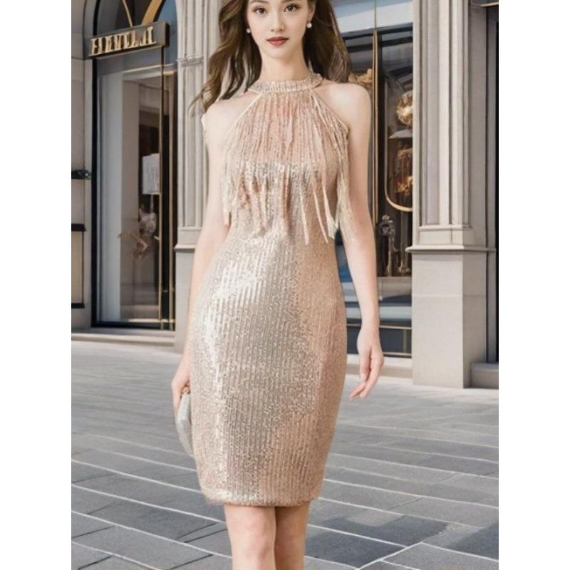 Women's Sexy Party Halter Sequin Fringe Dress Nightclub Sleeveless Slimming Mid-length Dress Dress